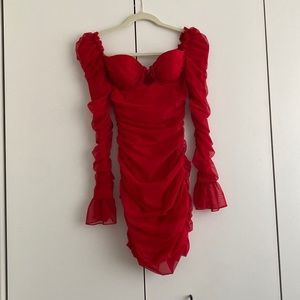 OhPolly Ruched Mesh Cut Out Mini Dress in Red Size 4
